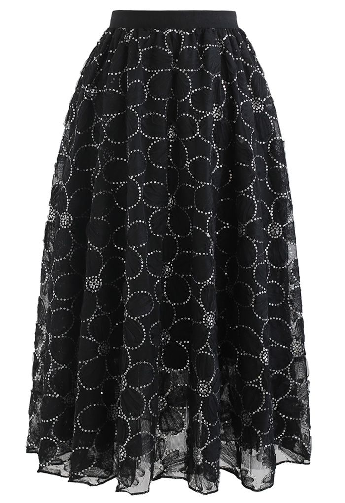 Falda de malla de doble capa con lentejuelas florales en negro