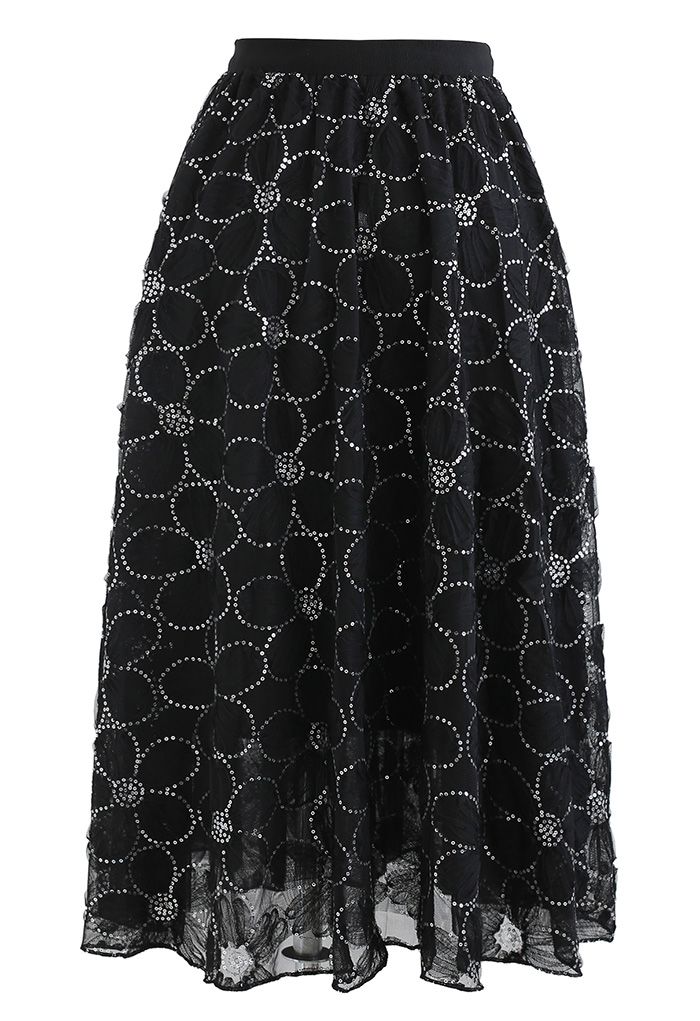 Falda de malla de doble capa con lentejuelas florales en negro