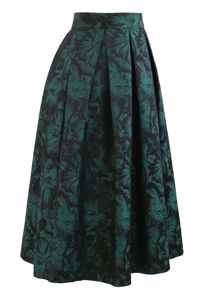 Falda midi plisada de jacquard de peonía verde