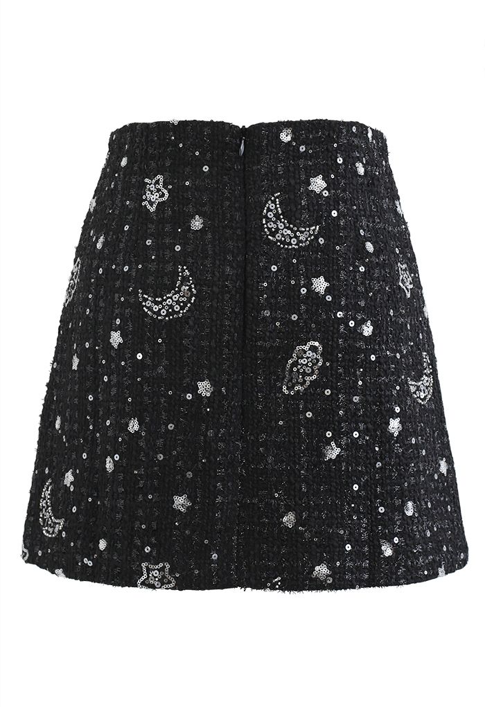 Minifalda de tweed de luna y estrella con lentejuelas