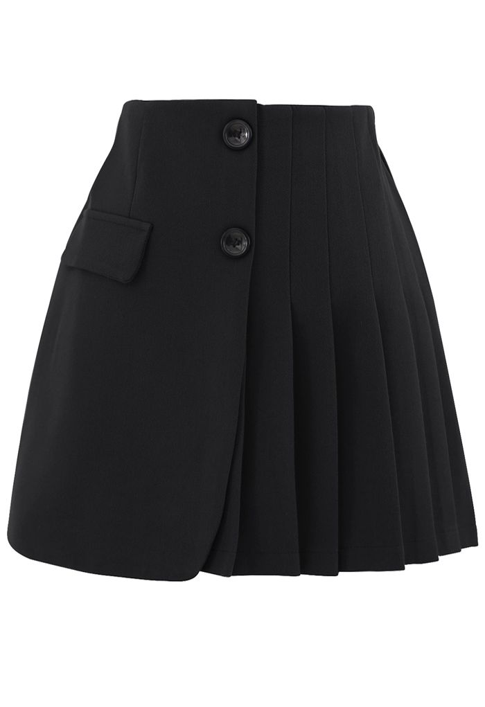Minifalda plisada con solapa abotonada en negro
