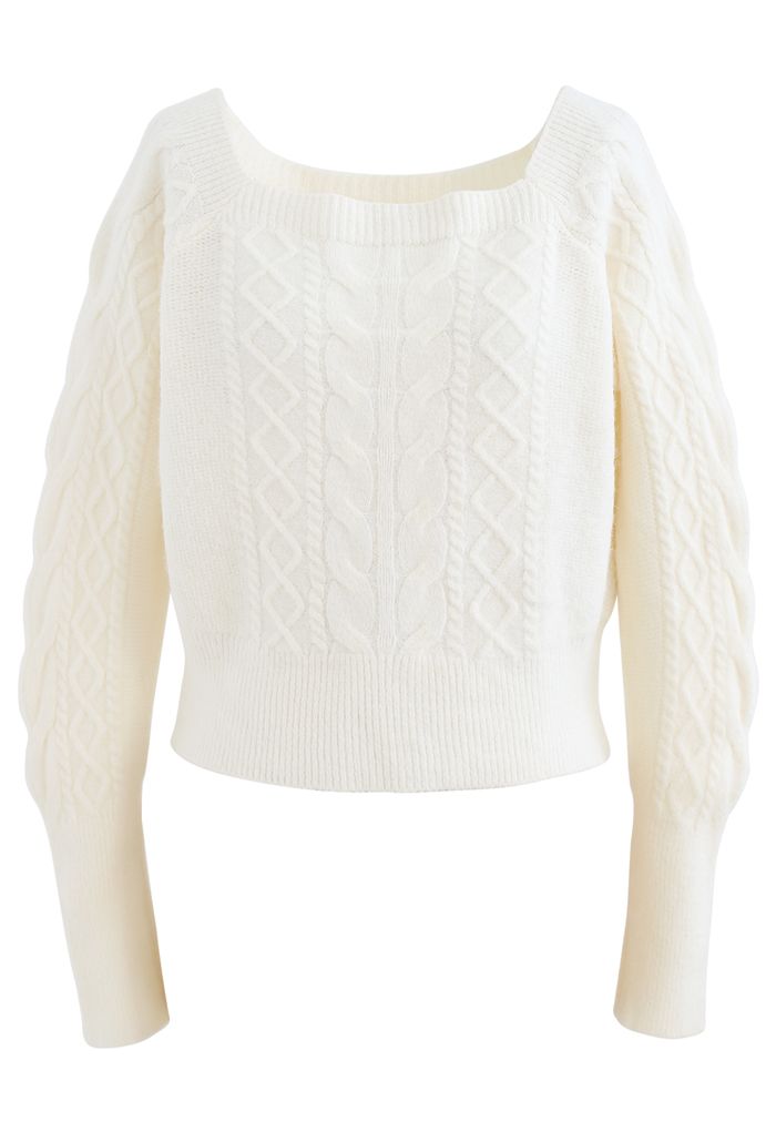 Suéter corto de punto trenzado con cuello cuadrado en blanco