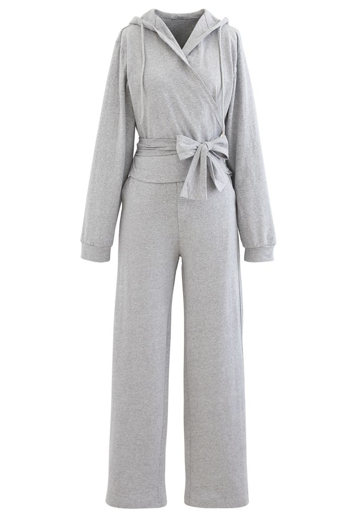 Conjunto de pantalones de pernera recta y sudadera con lazo cruzado en gris