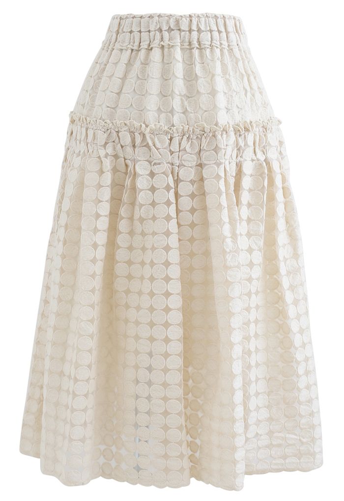 Falda midi de organza bordada de círculo completo en crema