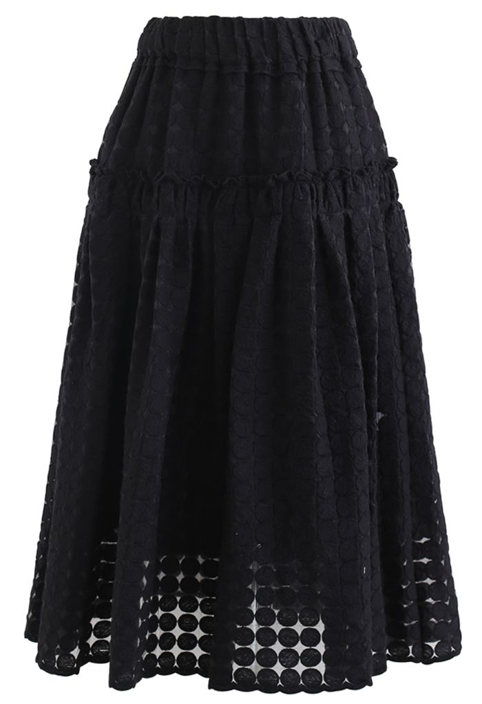 Falda midi de organza bordada con círculo completo en negro