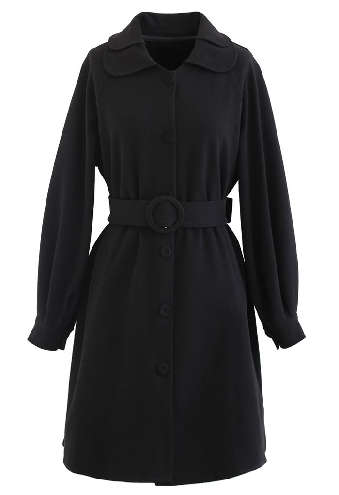 Vestido de abrigo con botones y cinturón con cuello en negro