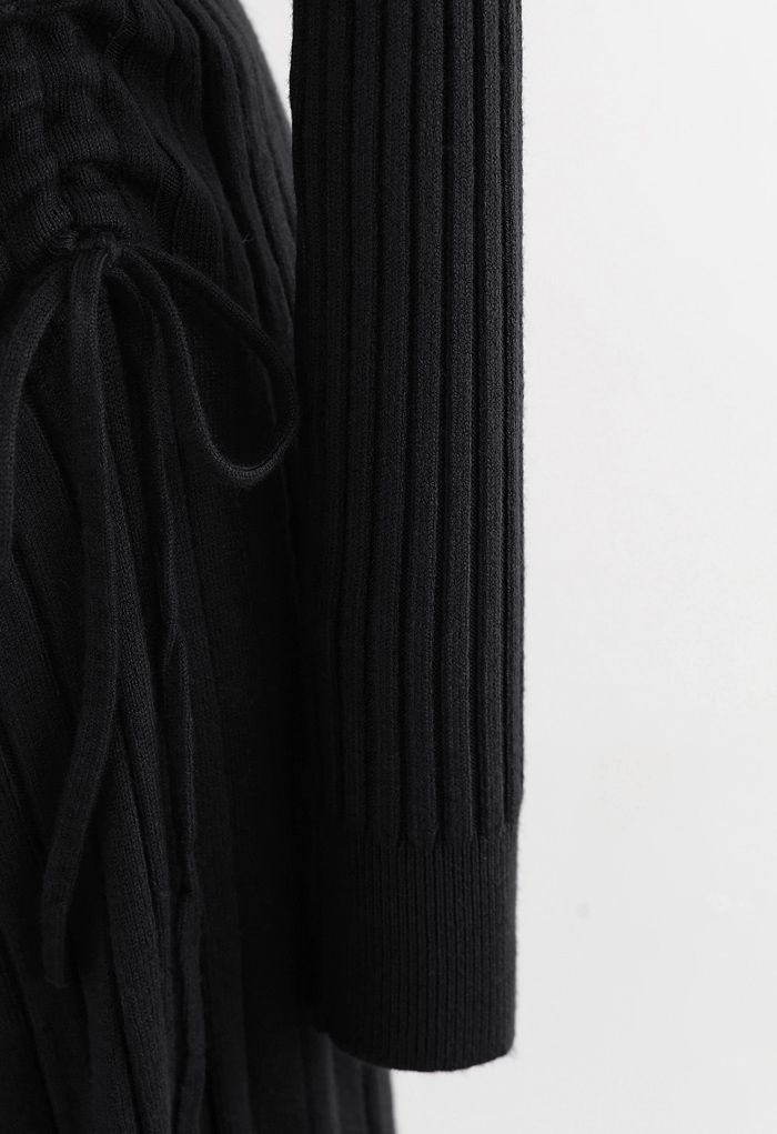 Vestido midi de punto acanalado con cordón lateral en negro
