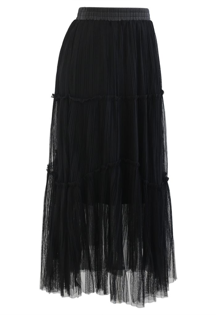 Falda plisada con detalle de volantes de malla suave en negro