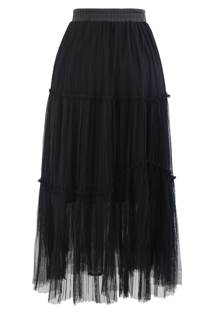 Falda plisada con detalle de volantes de malla suave en negro