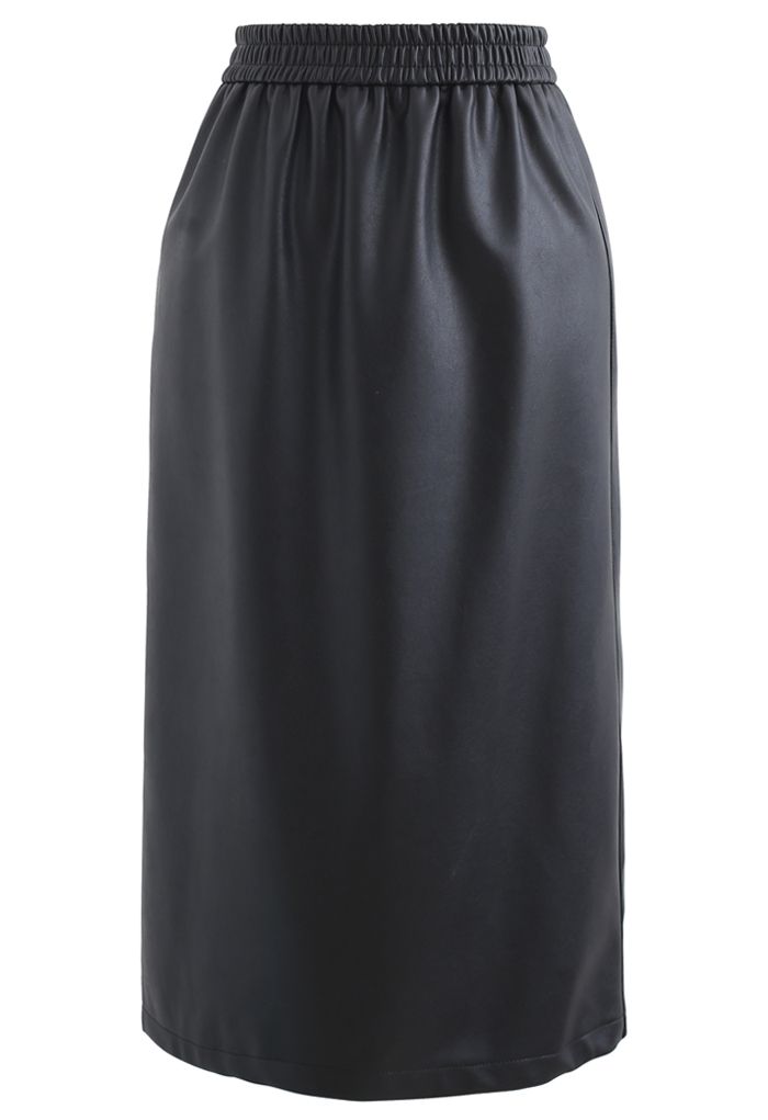 Elegante falda lápiz midi de cuero sintético suave en negro