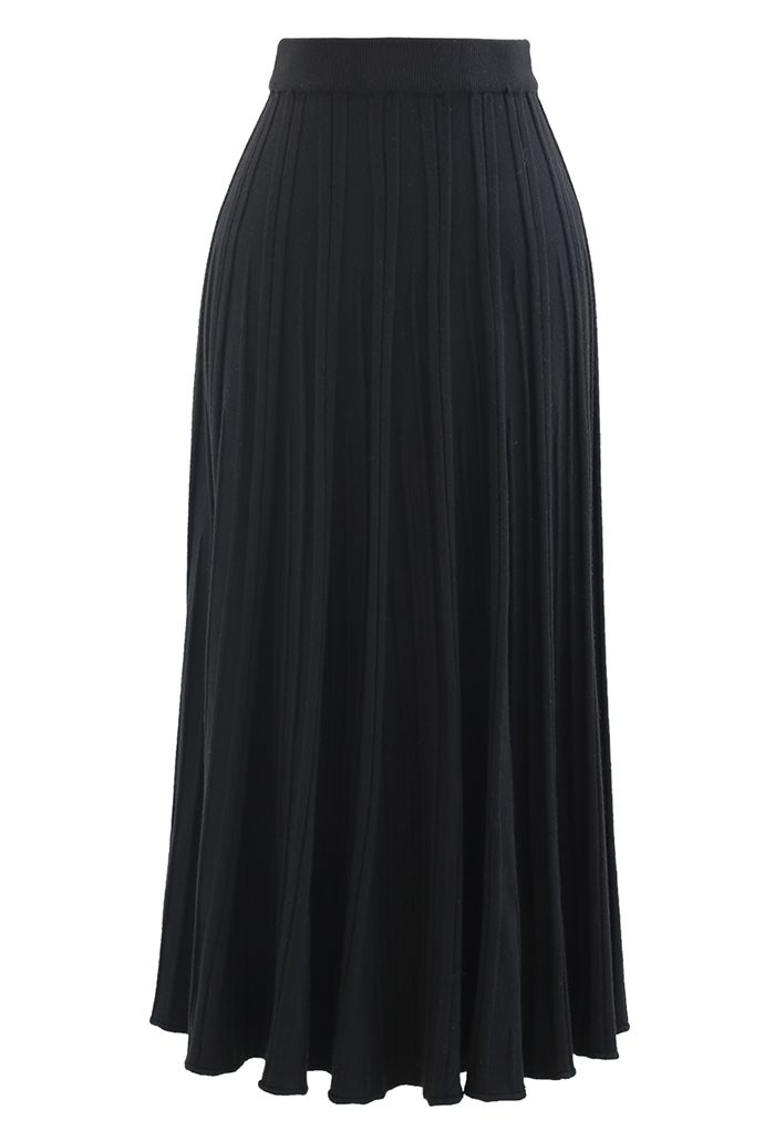 Falda de punto plisada sólida en negro