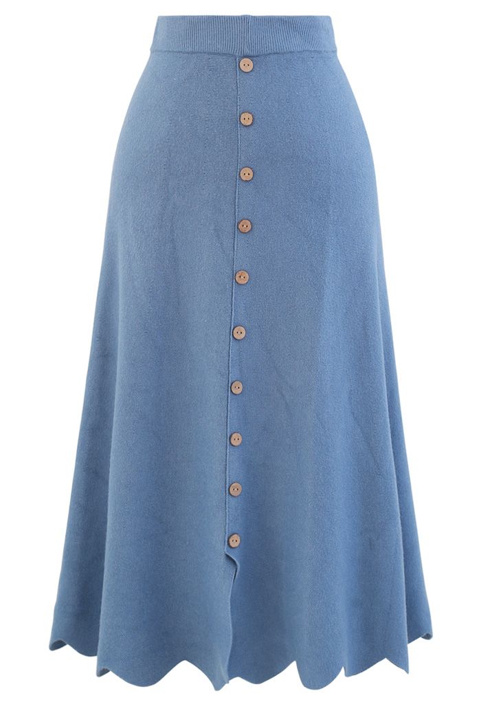 Falda midi de punto con botones y dobladillo enrollado en azul