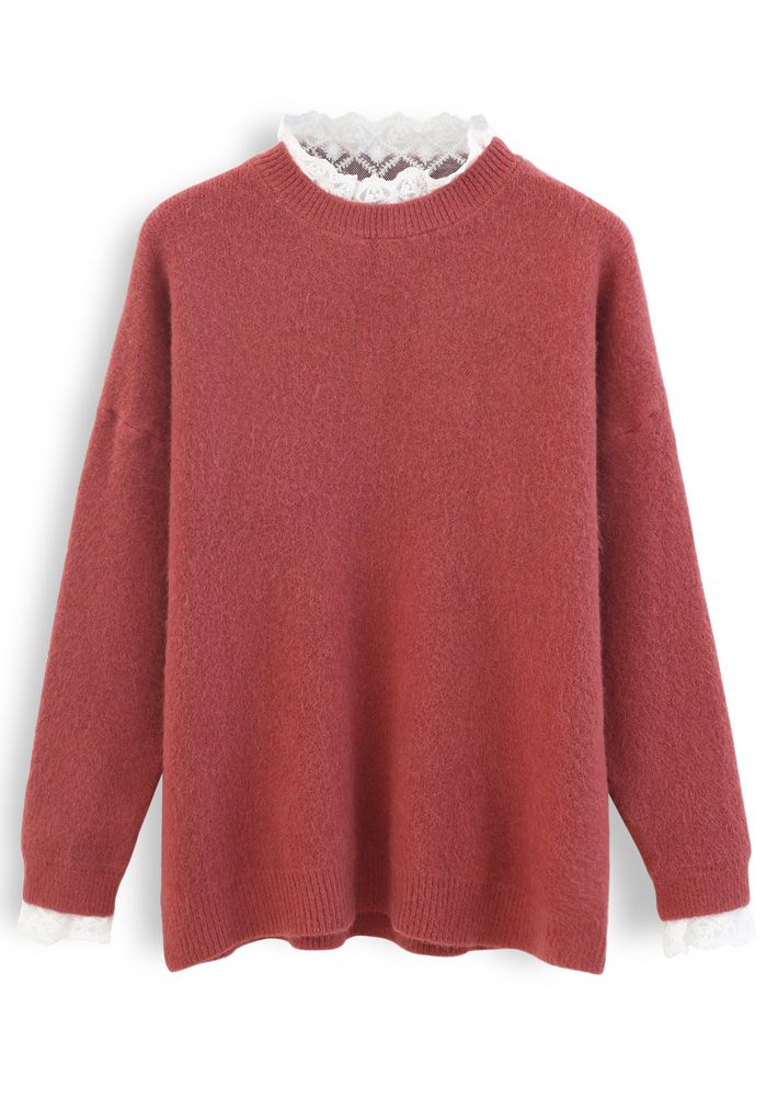 Suéter de punto difuso con detalles de encaje en rojo
