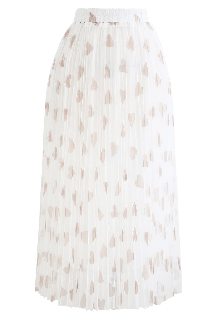 Falda de tul de malla de doble capa con estampado de corazones en blanco