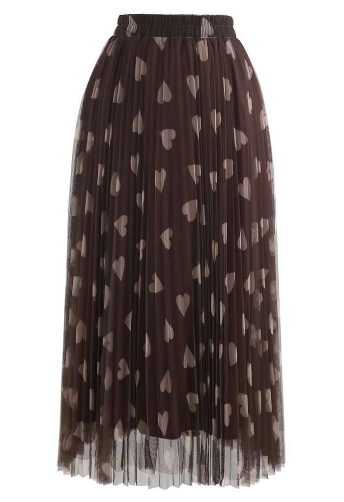 Falda de tul de malla de doble capa con estampado de corazones en marrón
