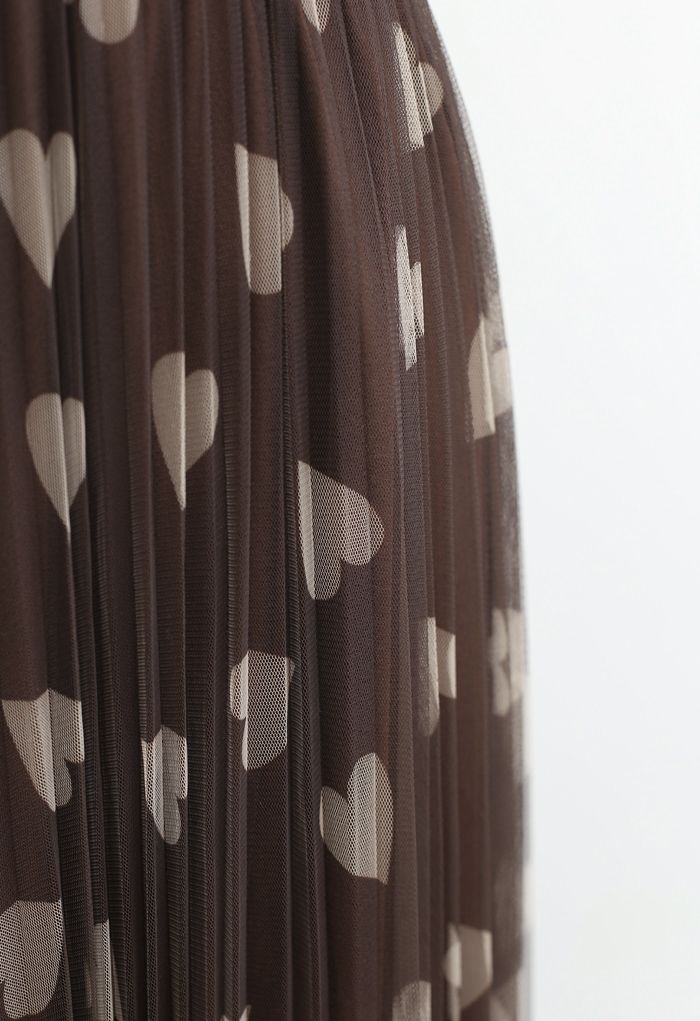 Falda de tul de malla de doble capa con estampado de corazones en marrón