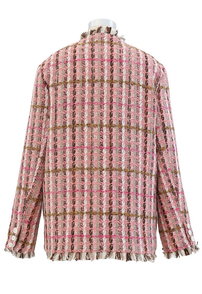 Blazer de tweed con borlas y forro de piel sintética en rosa fuerte