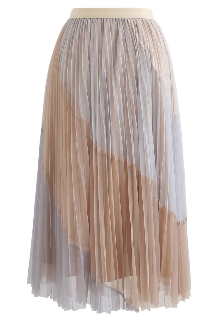 Falda midi de tul plisada de doble capa multicolor en tostado claro