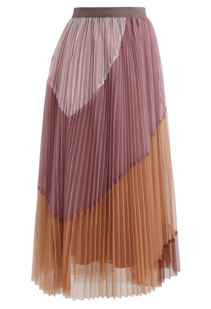 Falda midi de tul plisada de doble capa multicolor en Berry