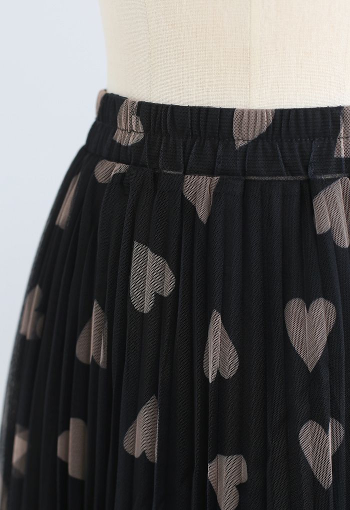 Falda de tul de malla de doble capa con estampado de corazones en negro