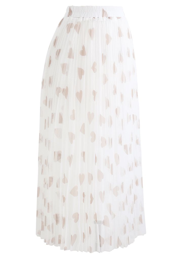 Falda de tul de malla de doble capa con estampado de corazones en blanco