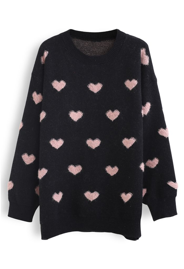 Suéter extragrande de punto difuso Pinky Heart