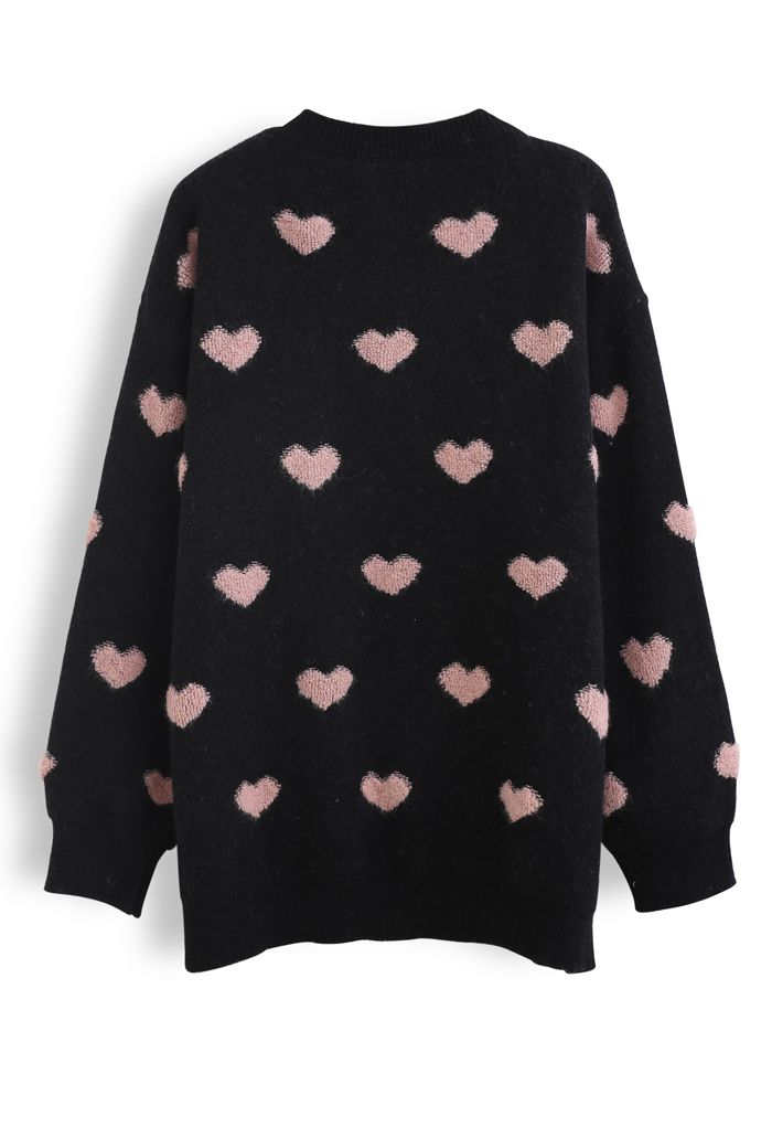 Suéter extragrande de punto difuso Pinky Heart