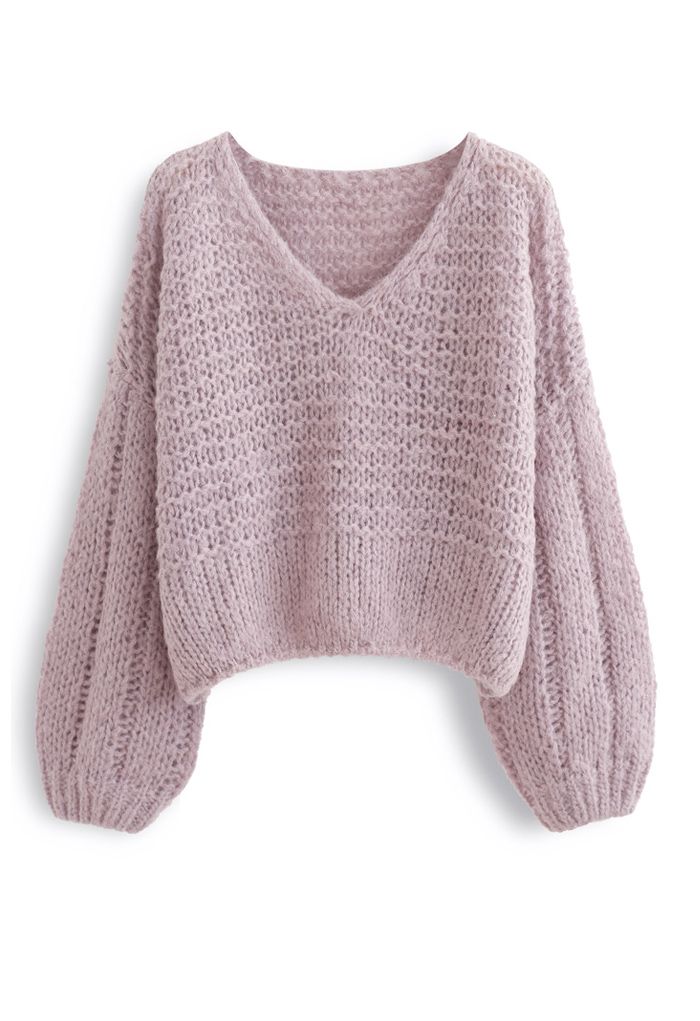 Suéter corto calado de punto esponjoso en rosa polvoriento