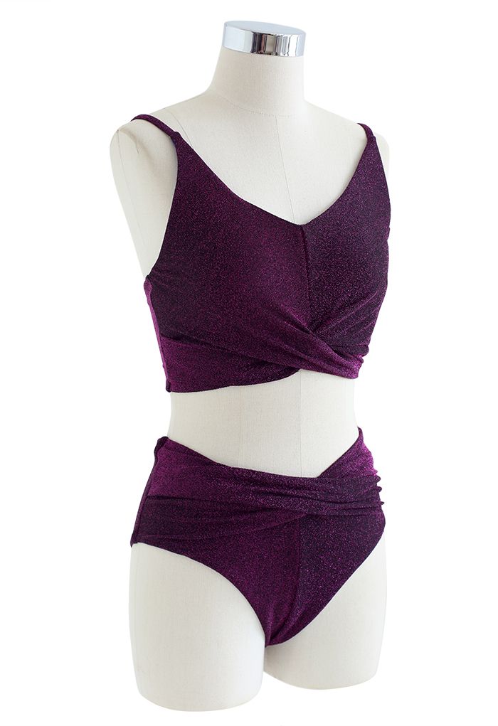 Conjunto de bikini con parte delantera fruncida en purpurina púrpura