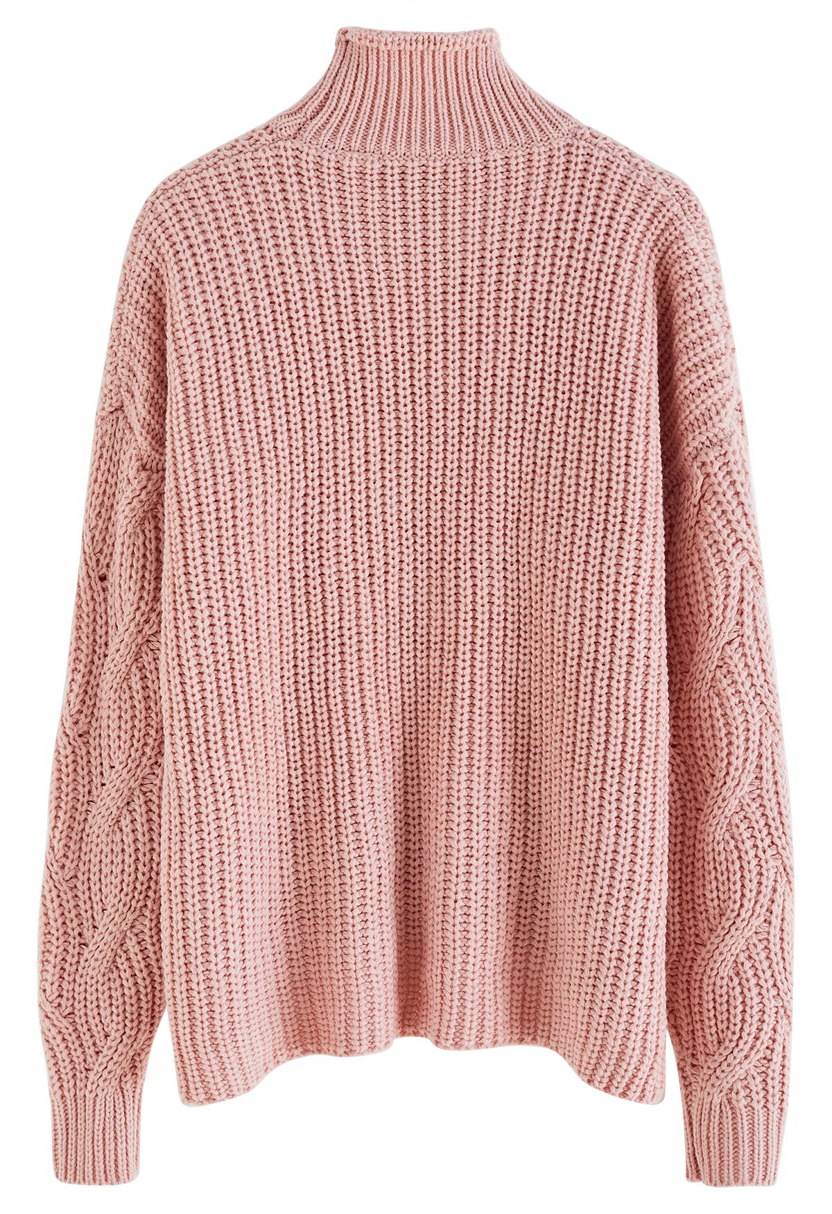 Suéter de punto grueso trenzado Hi-Lo de cuello alto en rosa