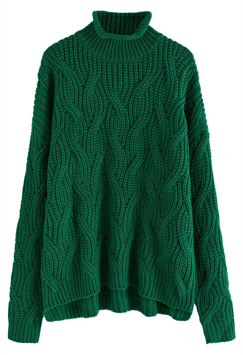 Suéter de punto grueso trenzado Hi-Lo de cuello alto en esmeralda