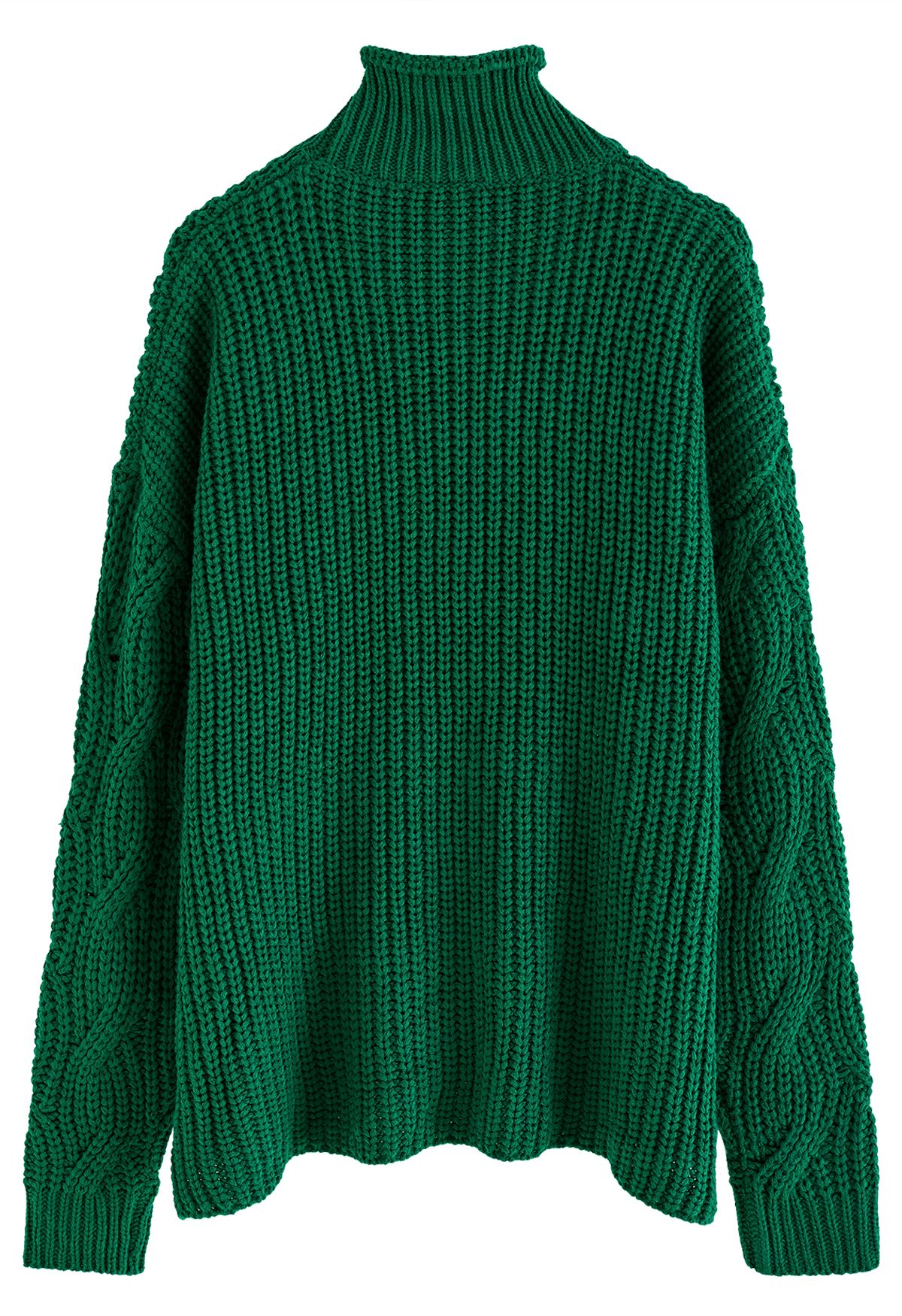 Suéter de punto grueso trenzado Hi-Lo de cuello alto en esmeralda