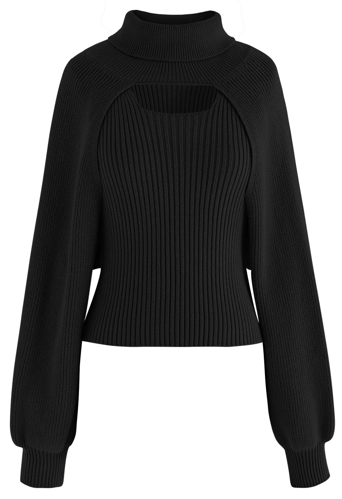 TOP TWINSET DE PUNTO ACANALADO CON CUELLO ALTO en negro