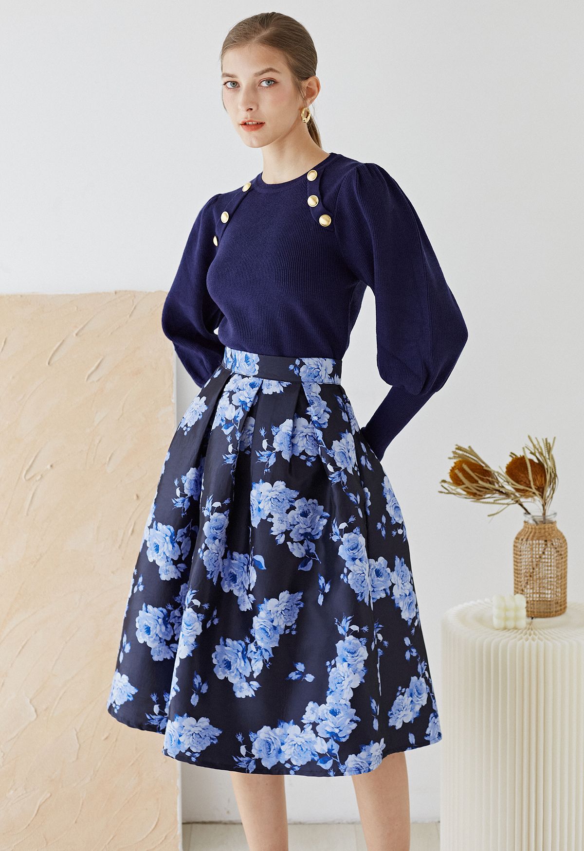 Falda midi plisada de jacquard de peonía azul flor de medianoche