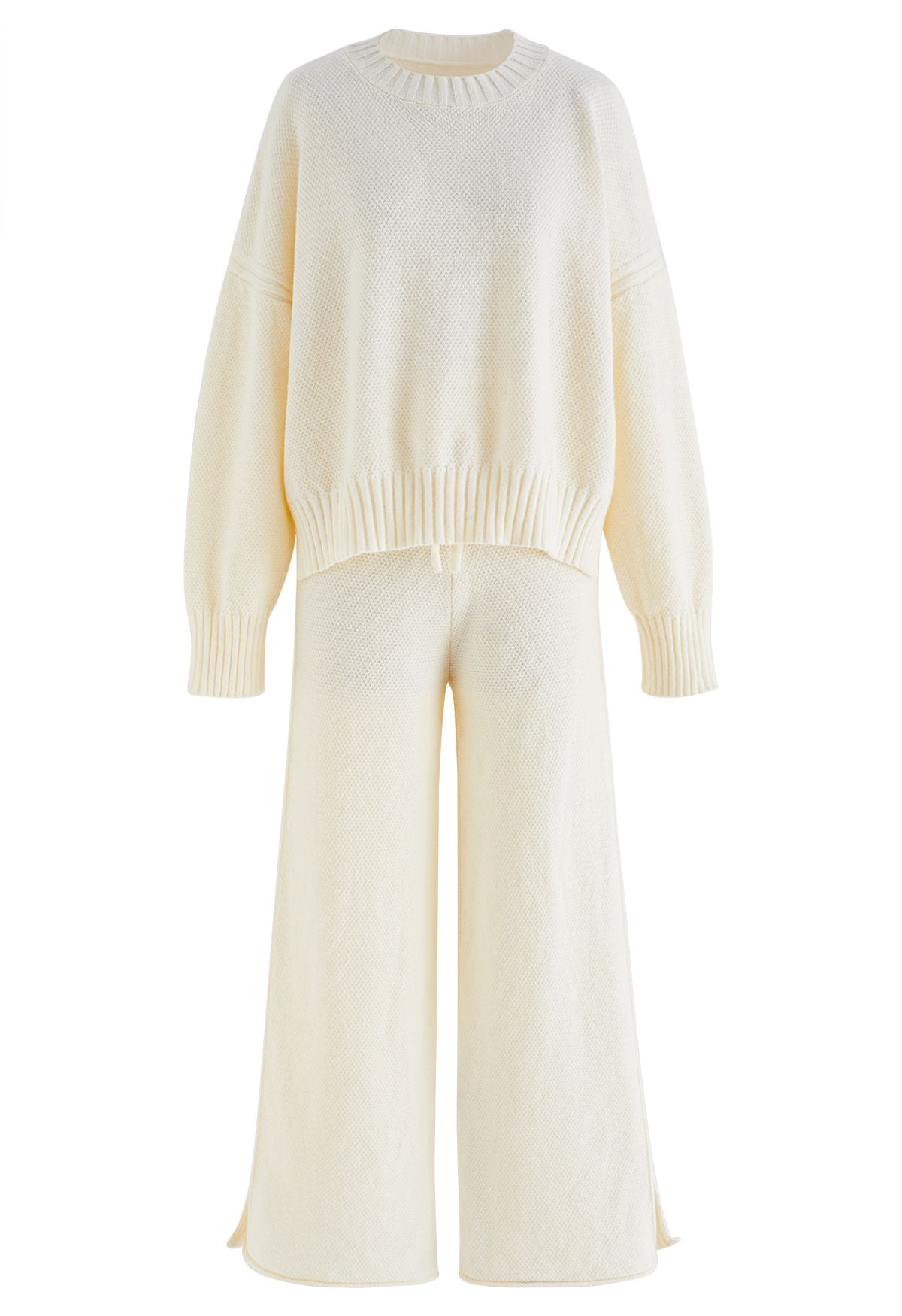 Conjunto de suéter Hi-Lo de punto gofrado y pantalones de pernera ancha en color crema