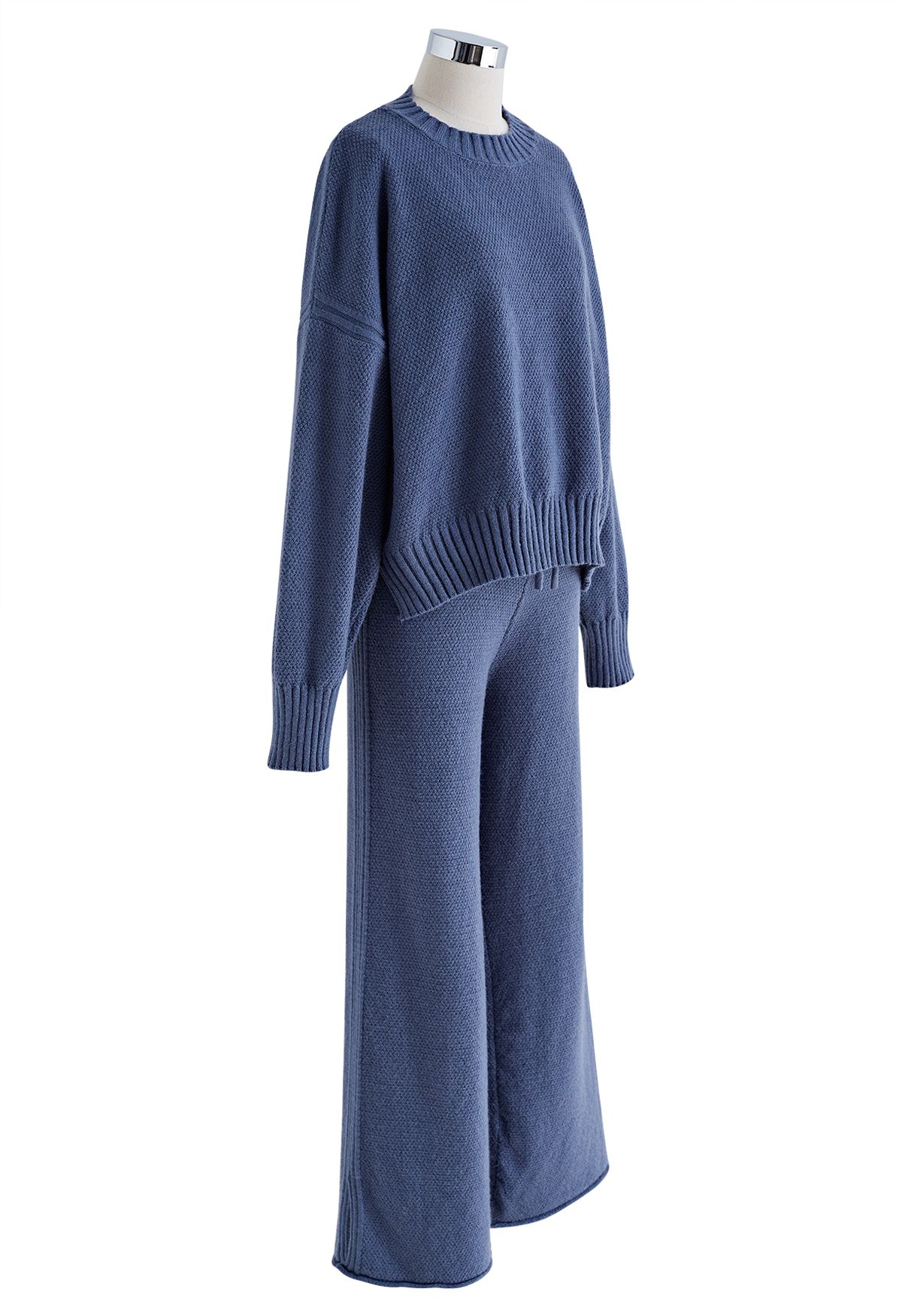 Conjunto de suéter Hi-Lo de punto gofrado y pantalones de pernera ancha en azul