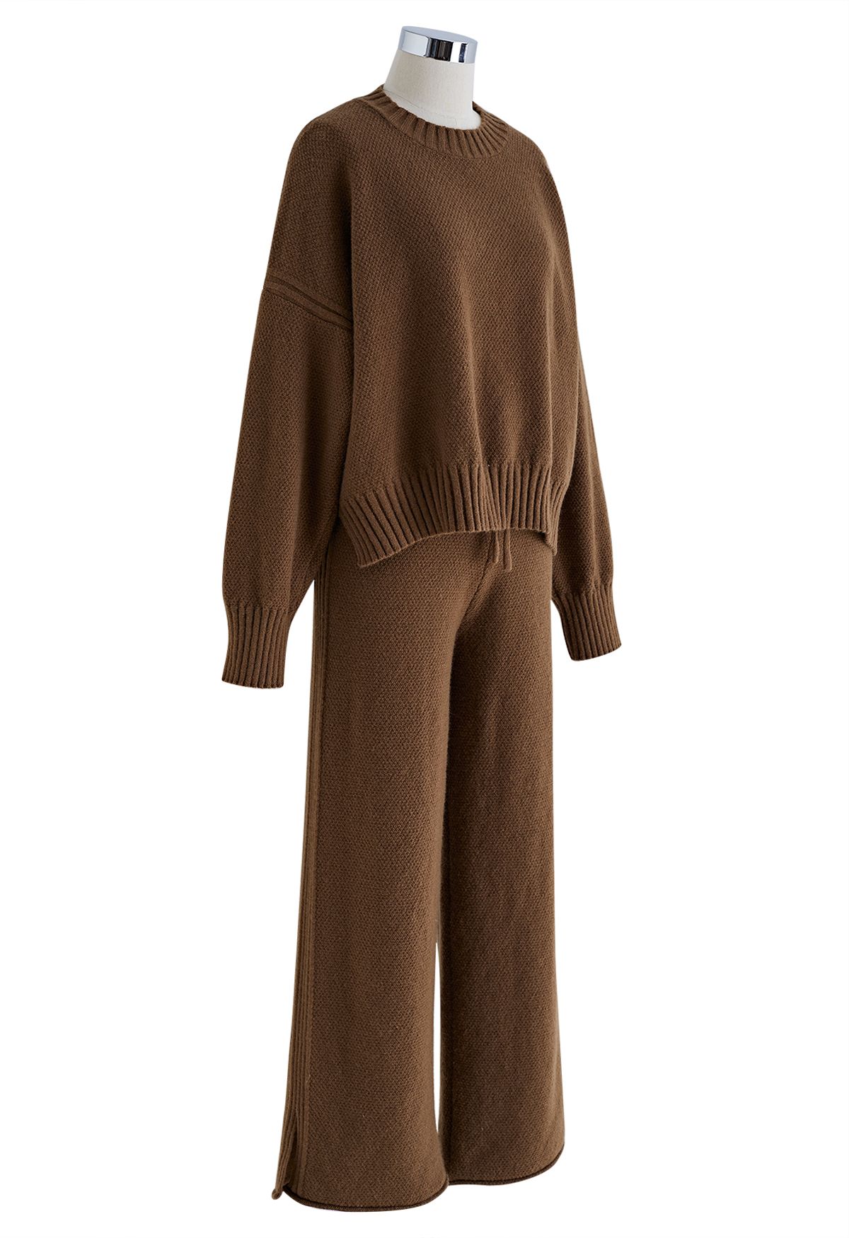Conjunto de suéter Hi-Lo de punto gofrado y pantalones de pernera ancha en marrón