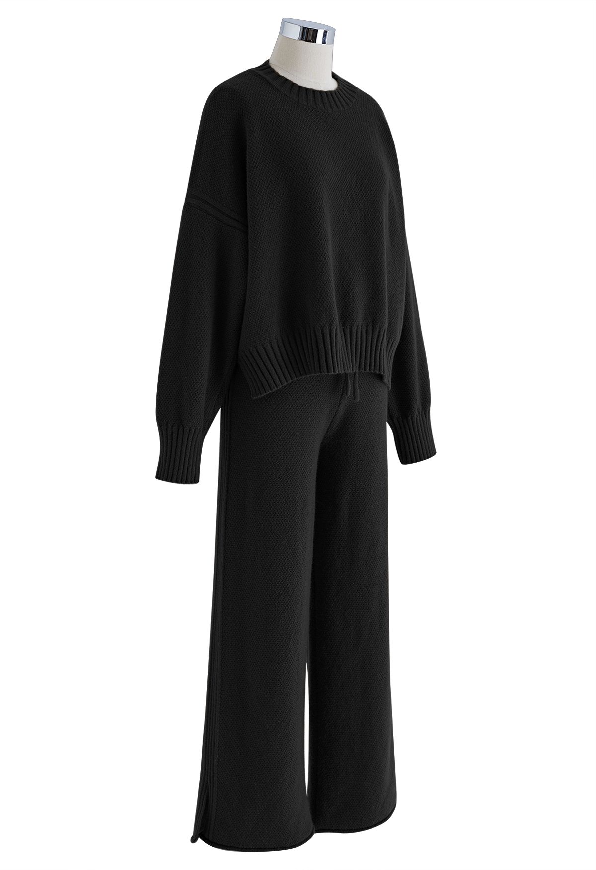 Conjunto de suéter Hi-Lo de punto gofrado y pantalones de pernera ancha en negro