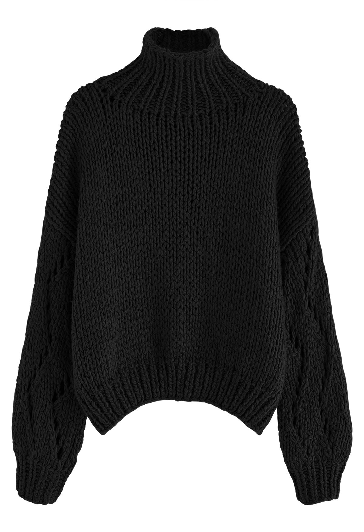Suéter tejido a mano con cuello alto y manga pointelle en negro