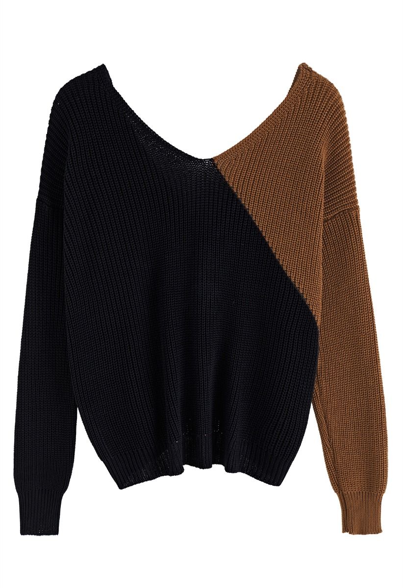Suéter de dos tonos con cuello en V y parte delantera torcida en marrón