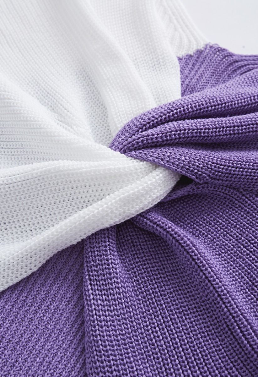 Suéter de dos tonos con cuello en V y parte delantera torcida en lila