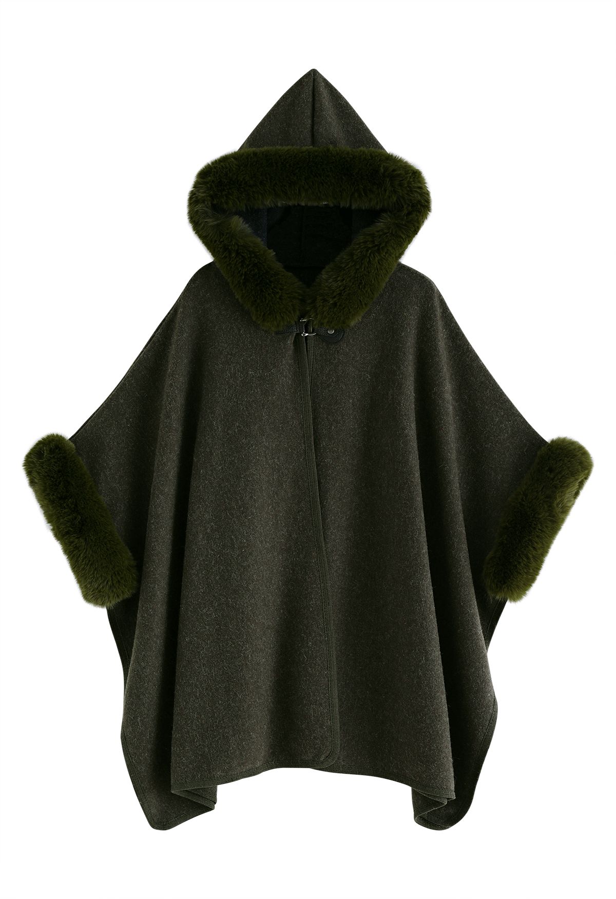Poncho con capucha de pelo sintético en mezcla de lana en verde oscuro