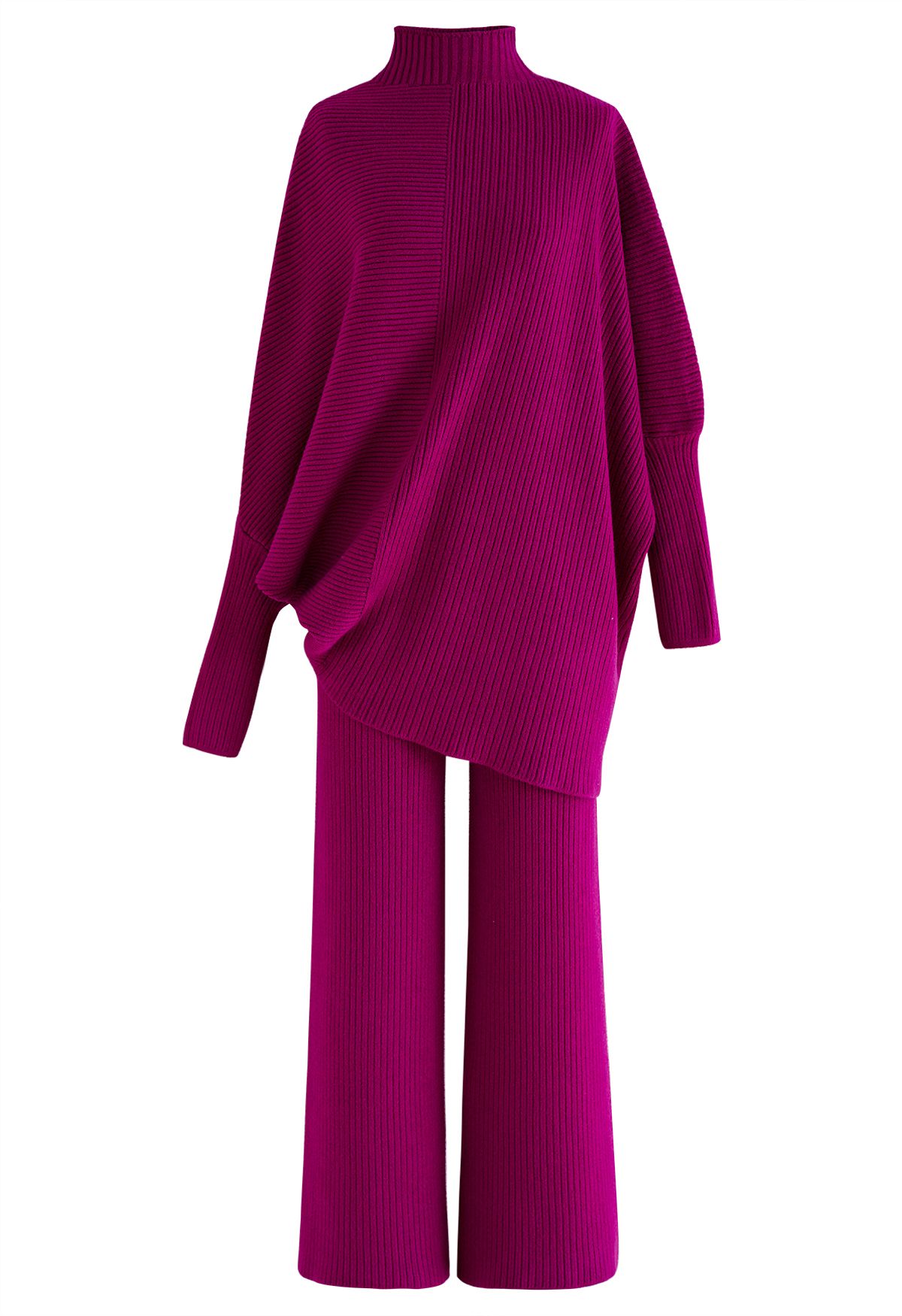Conjunto asimétrico de suéter y pantalón con manga de murciélago en magenta
