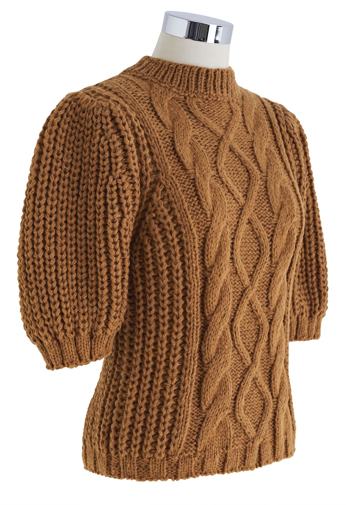 Suéter acanalado trenzado con manga de burbuja en tostado
