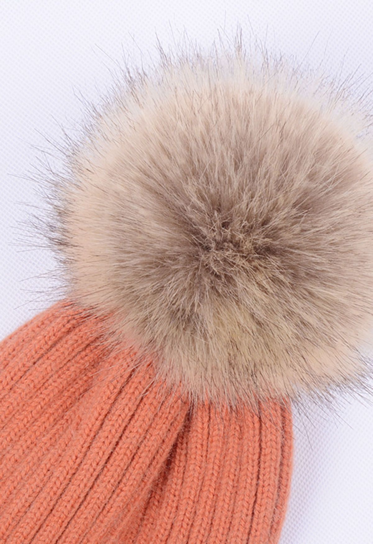 Gorro Beanie de punto acanalado Pom-Pom en coral