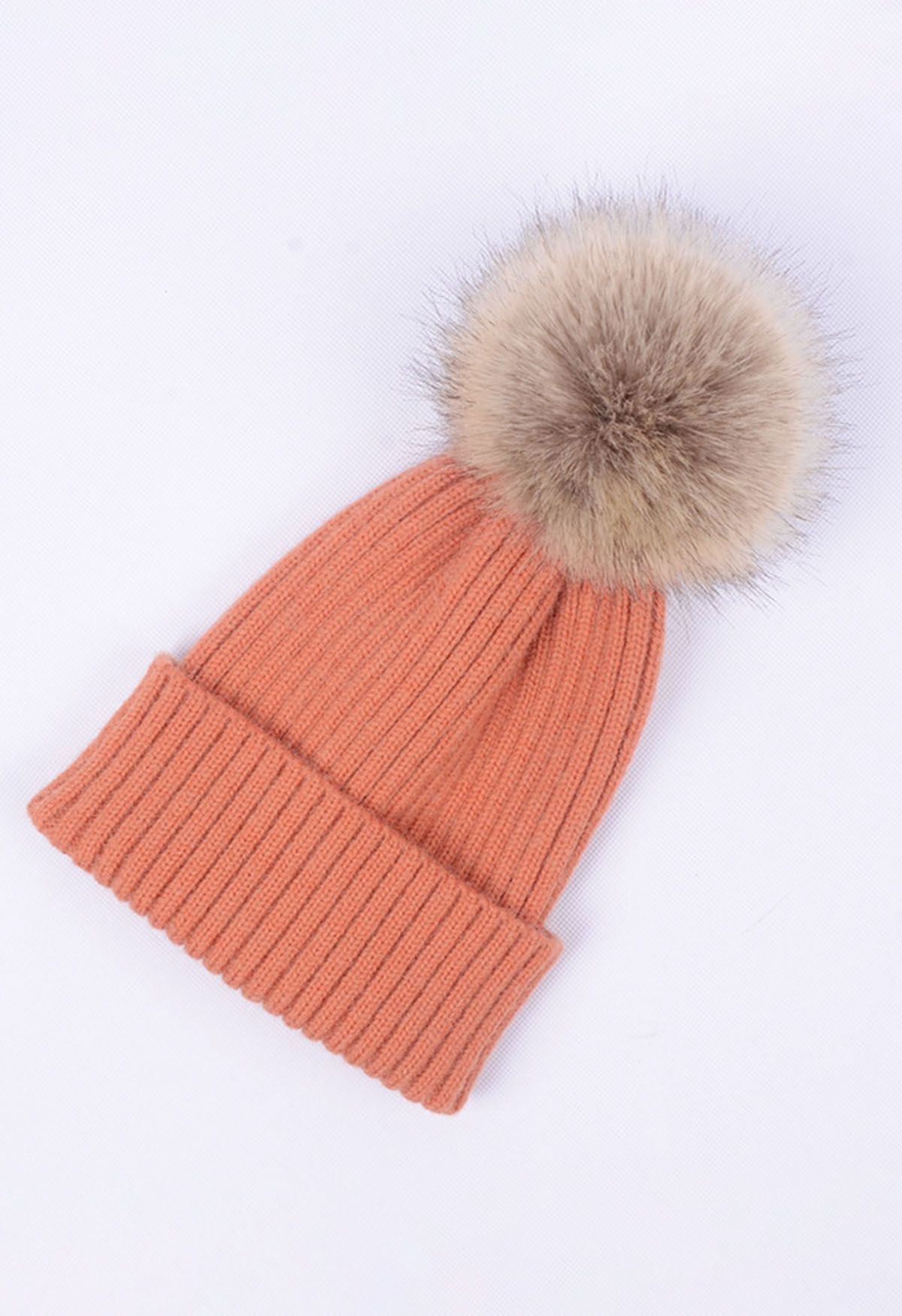 Gorro Beanie de punto acanalado Pom-Pom en coral