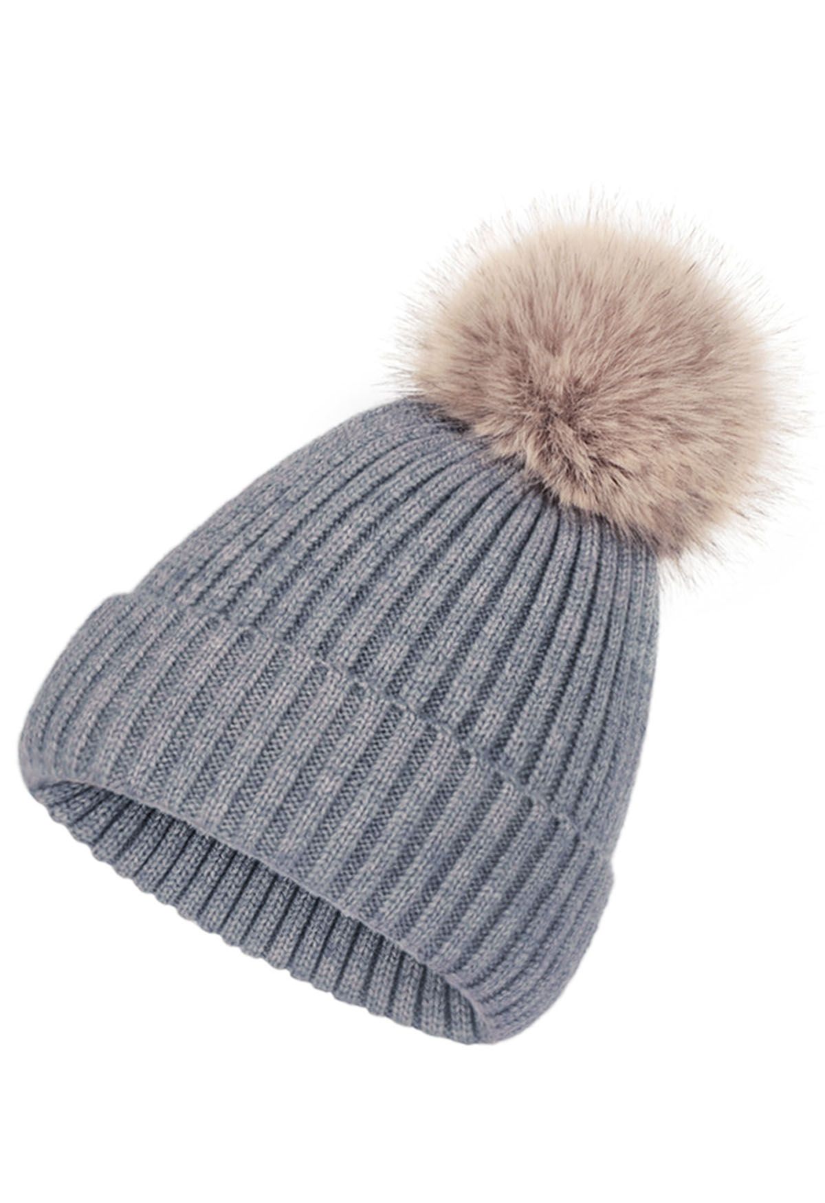 Gorro Beanie de punto acanalado Pom-Pom en gris