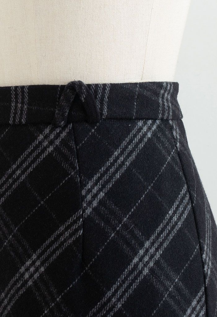Falda midi de tubo de mezcla de lana con estampado de cuadros en negro