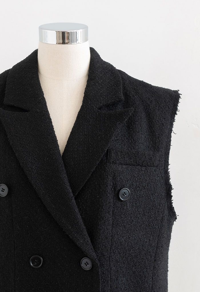 Chaleco de tweed con bolsillo con solapa y doble botonadura en negro
