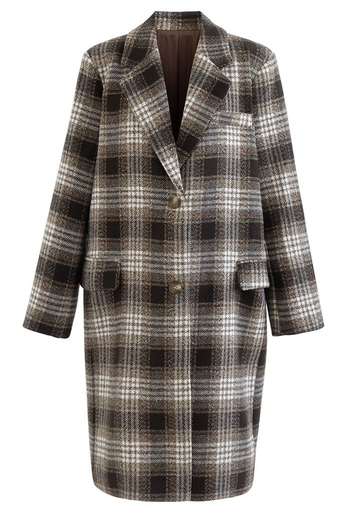 Abrigo largo de mezcla de lana a cuadros escoceses marrón